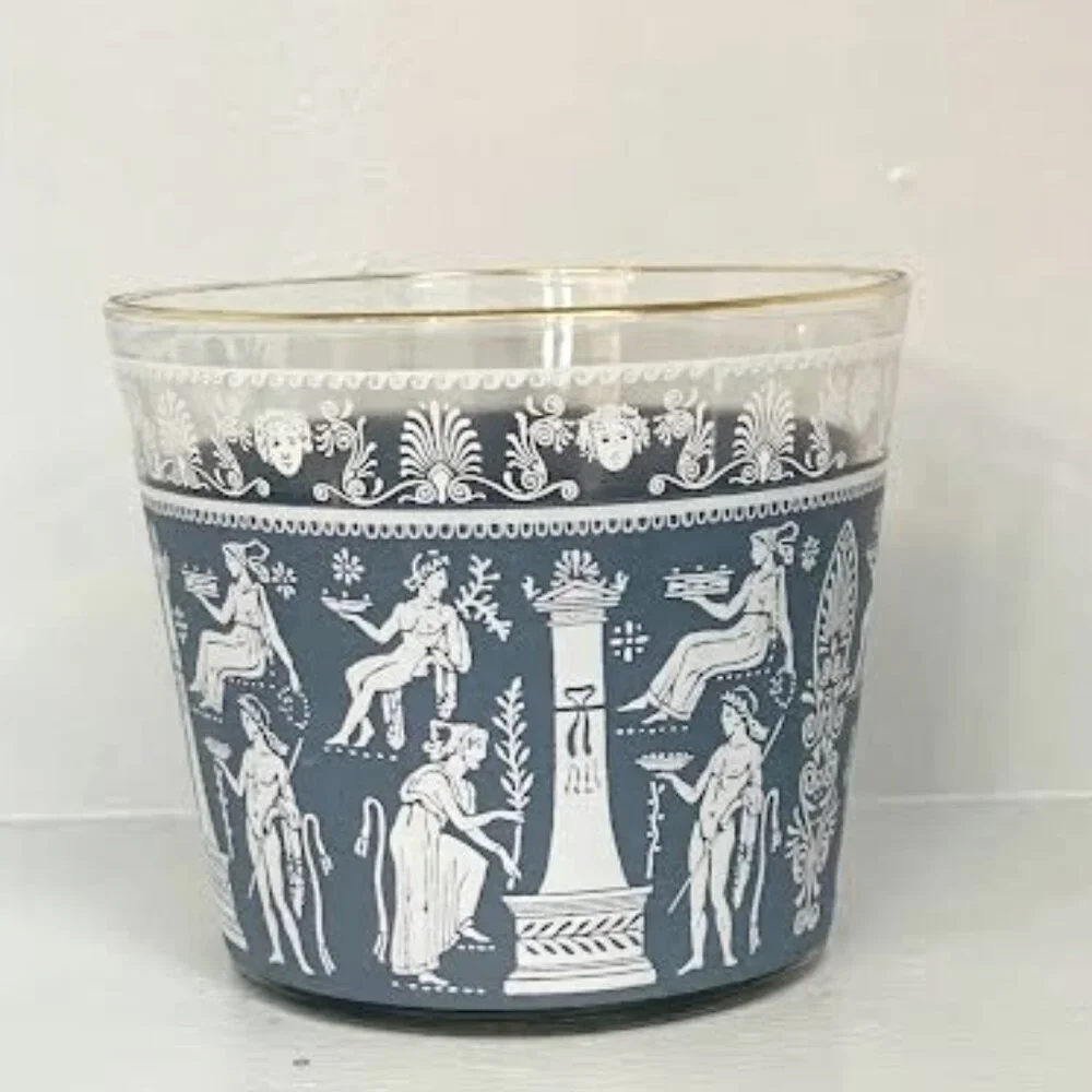 Jeanette Glass Wedgwood Style Grecian Blue Hellenic Glass Ice Bucket